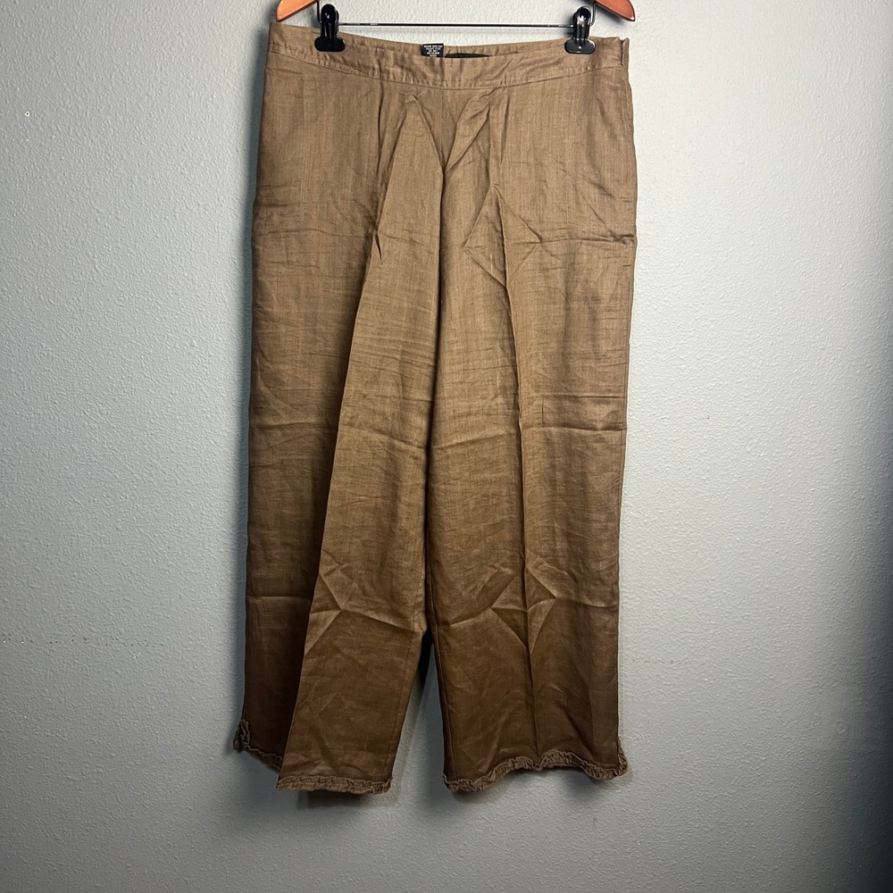 Carlie's Court Linen Pants XL‎ Fringe Hem Pockets Casual Wide Leg Monochrome